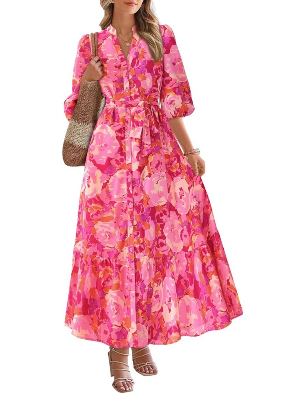 Womens Floral Maxi Dresses Boho Summer Long Flowy Shirt Dress